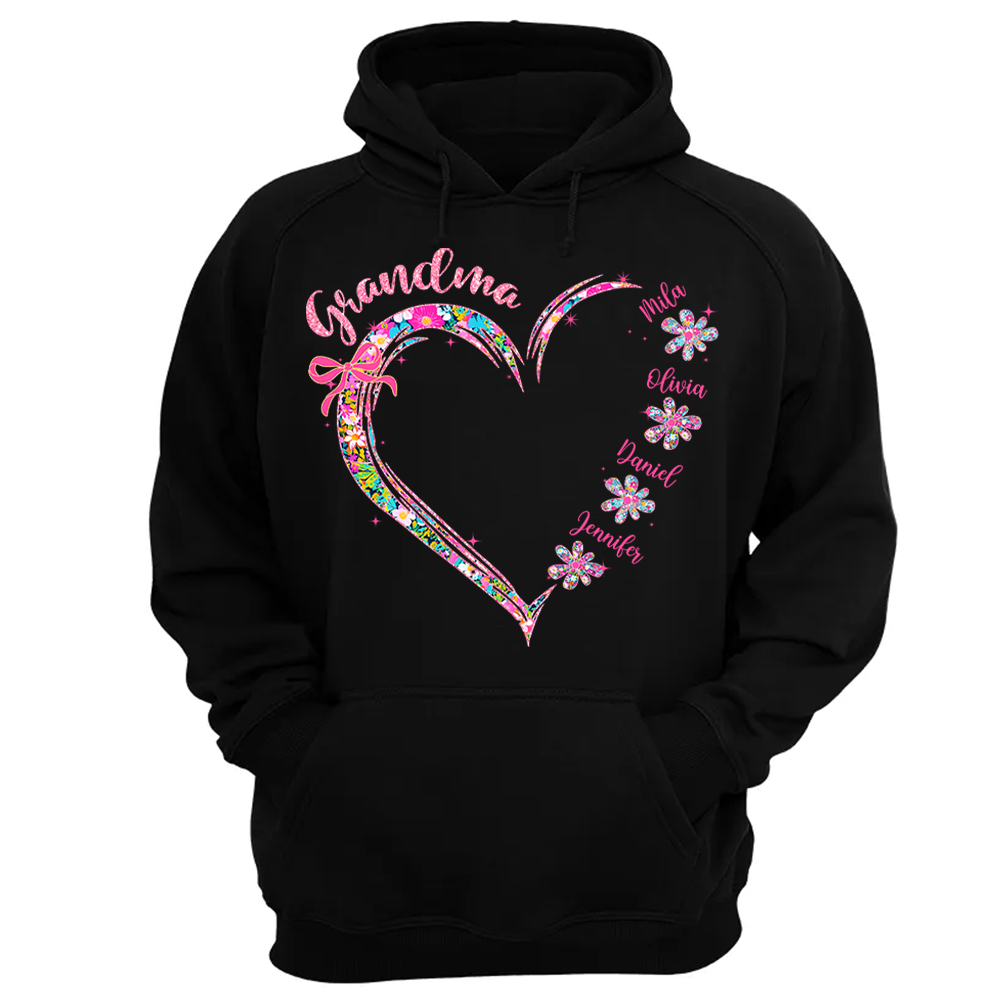 Grandma Heart Glitter Shirt - Custom Flower Shirt For Nana Mimi Gigi - Personalized Kid Names NA04 Tu20