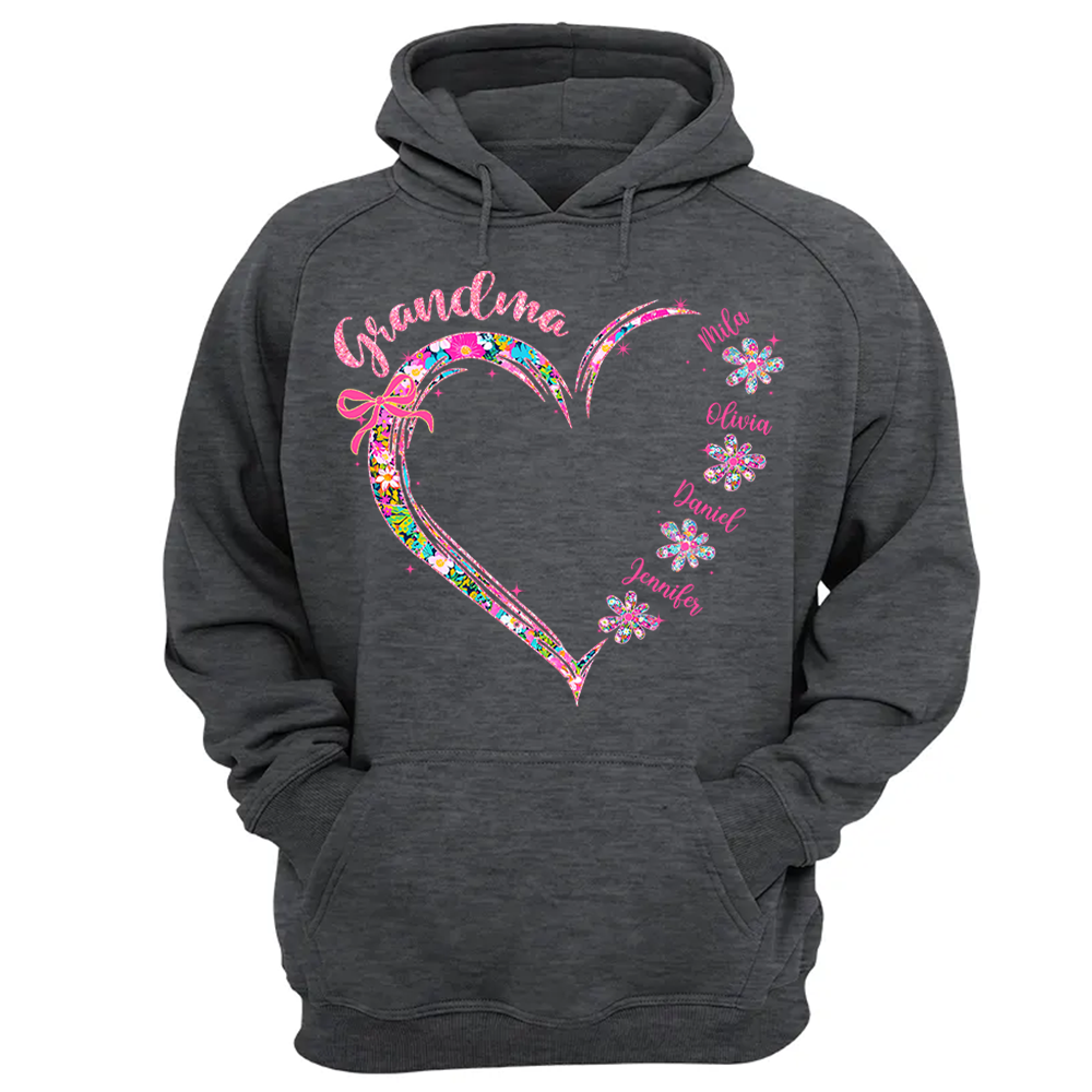 Grandma Heart Glitter Shirt - Custom Flower Shirt For Nana Mimi Gigi - Personalized Kid Names NA04 Tu20