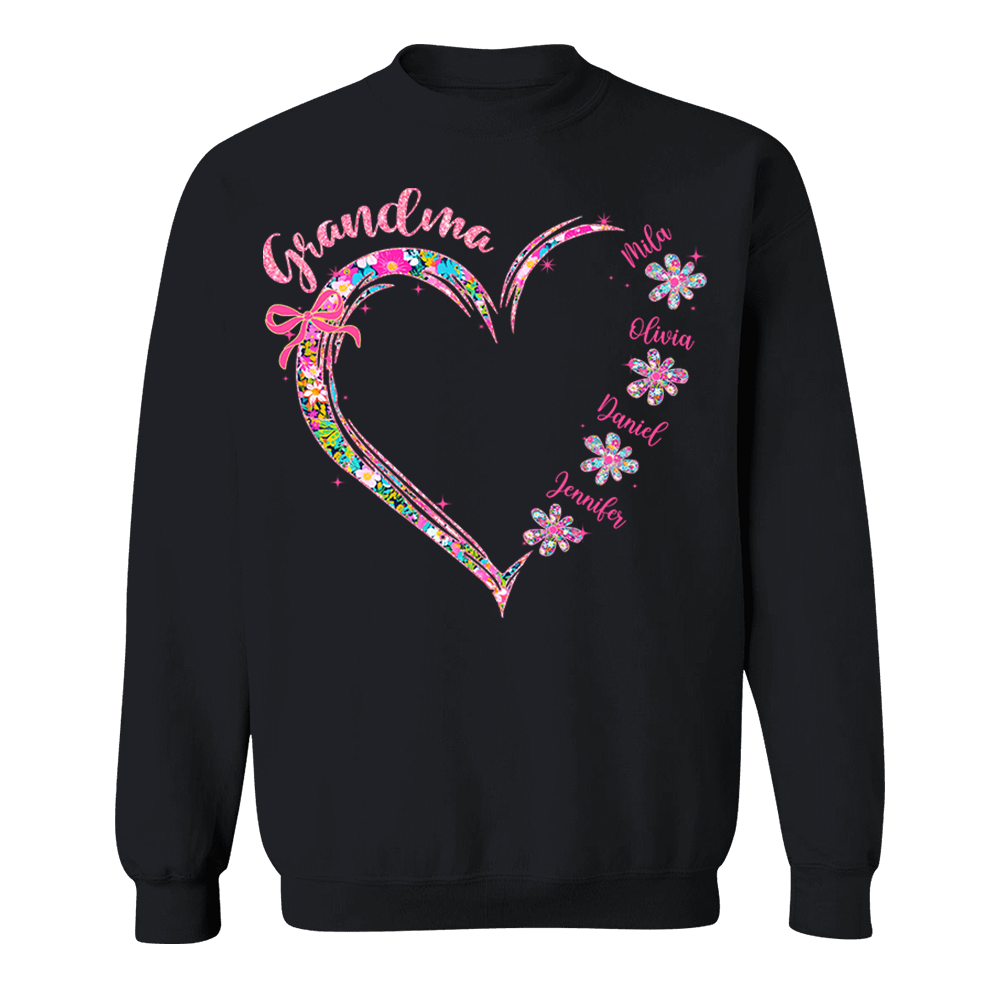 Grandma Heart Glitter Shirt - Custom Flower Shirt For Nana Mimi Gigi - Personalized Kid Names NA04 Tu20
