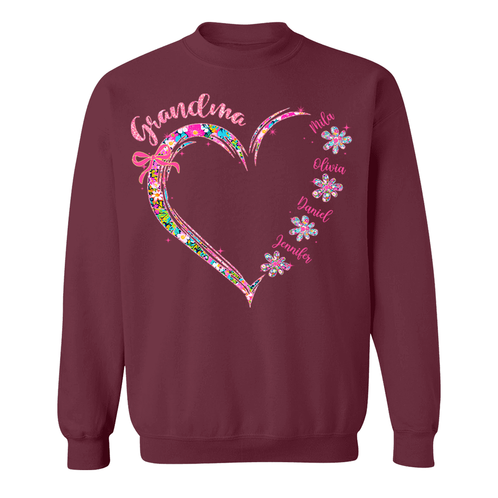 Grandma Heart Glitter Shirt - Custom Flower Shirt For Nana Mimi Gigi - Personalized Kid Names NA04 Tu20