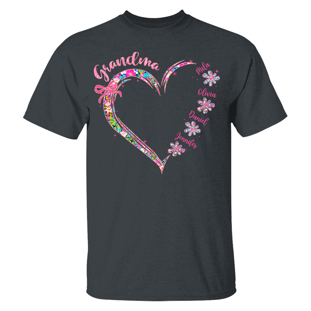 Grandma Heart Glitter Shirt - Custom Flower Shirt For Nana Mimi Gigi - Personalized Kid Names NA04 Tu20