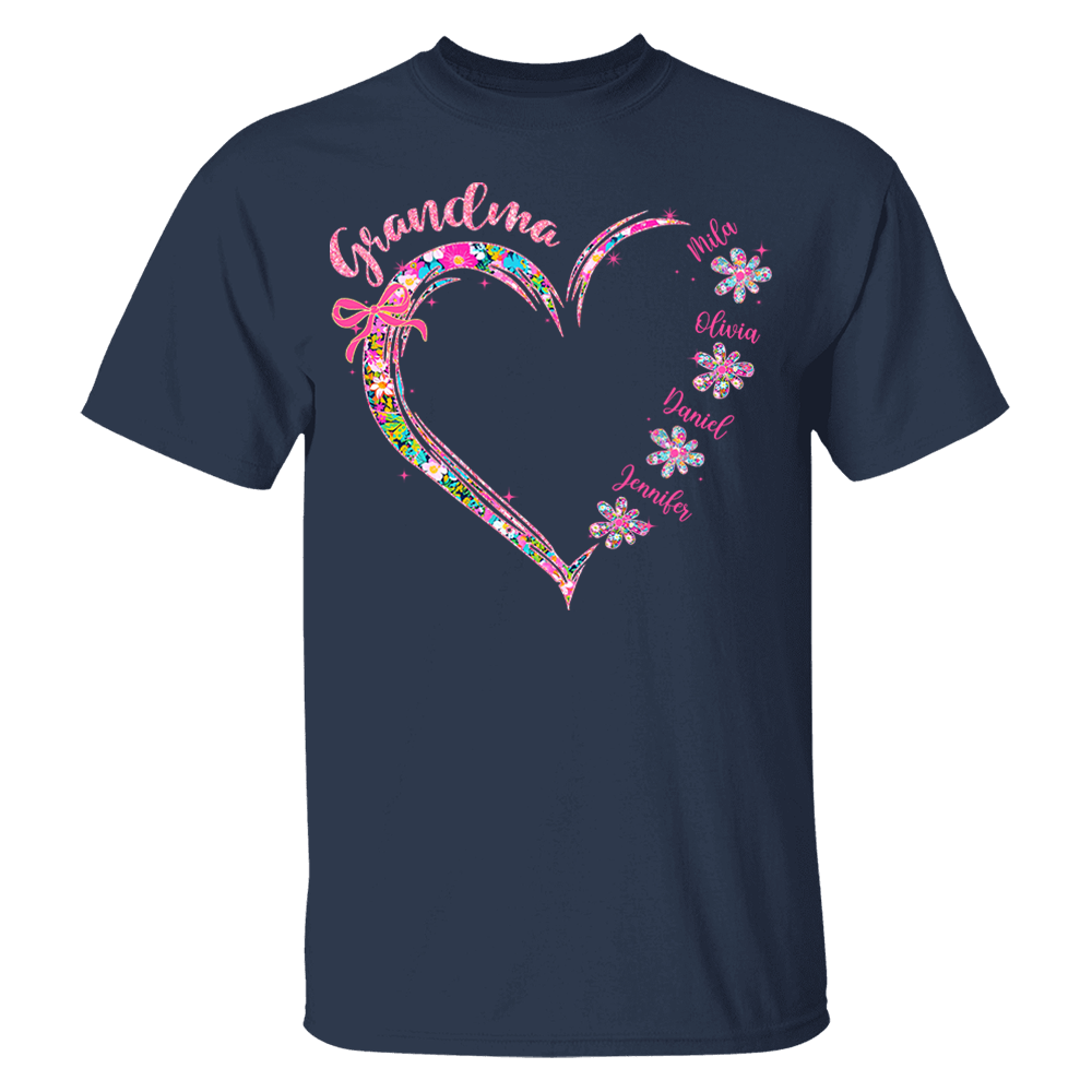 Grandma Heart Glitter Shirt - Custom Flower Shirt For Nana Mimi Gigi - Personalized Kid Names NA04 Tu20