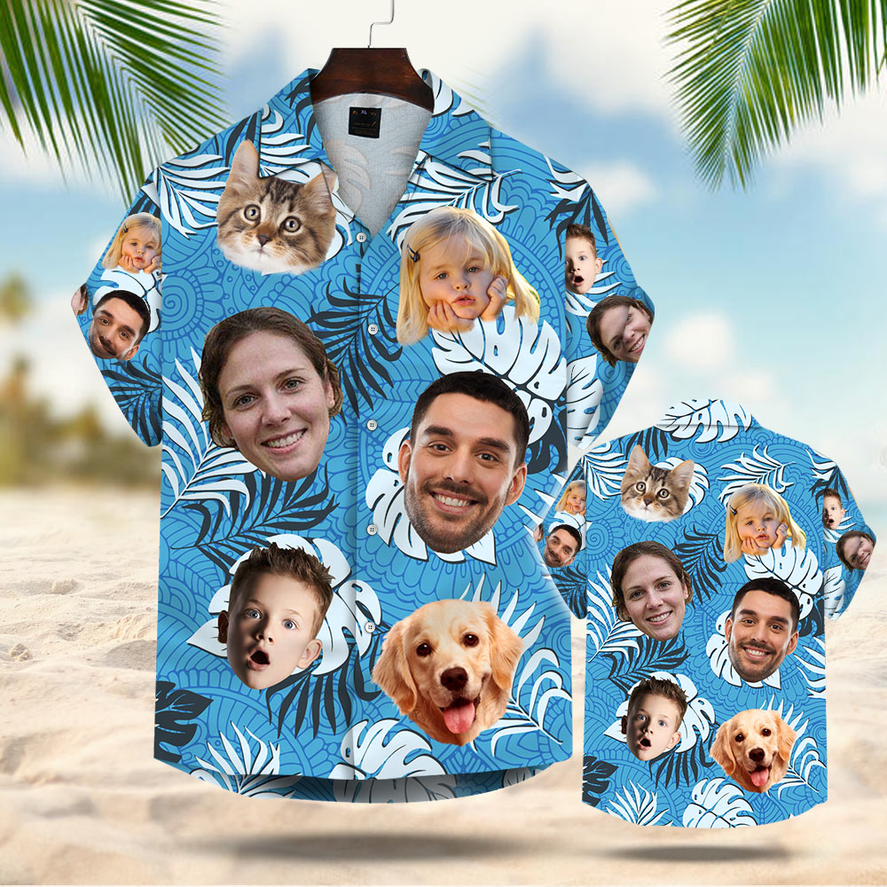 Custom Dog Cat Face Leaves & Flowers Hawaiian Shirt, Custom Hawaiian Shirt With Multiple Faces