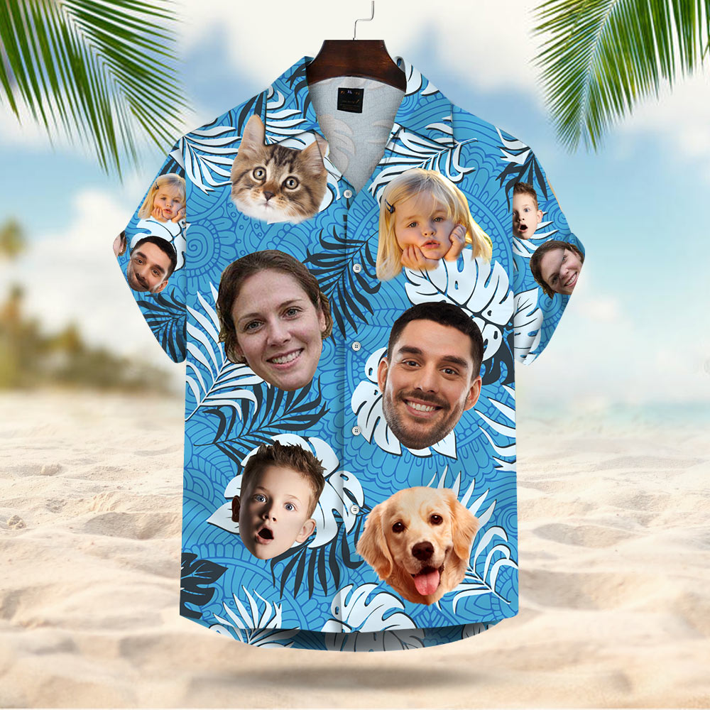 Custom Dog Cat Face Leaves & Flowers Hawaiian Shirt, Custom Hawaiian Shirt With Multiple Faces