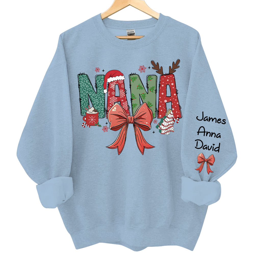 Personalized Christmas Nana Coquette Shirt, Custom Mama Claus Christmas Tree Cake Coquette Bow Candy Cane Santa Hot Cocoa Shirt