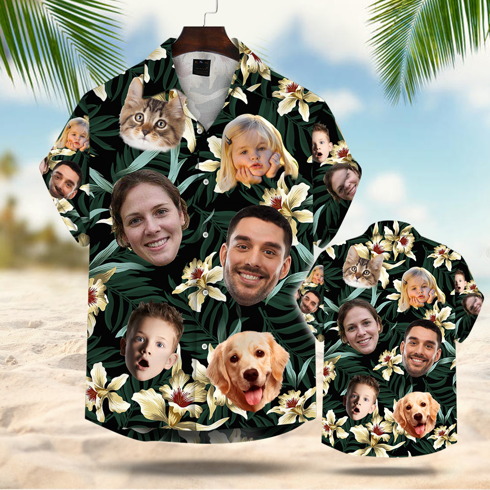 Custom Dog Cat Face Leaves & Flowers Custom Hawaiian Shirt With Multiple Faces For Family