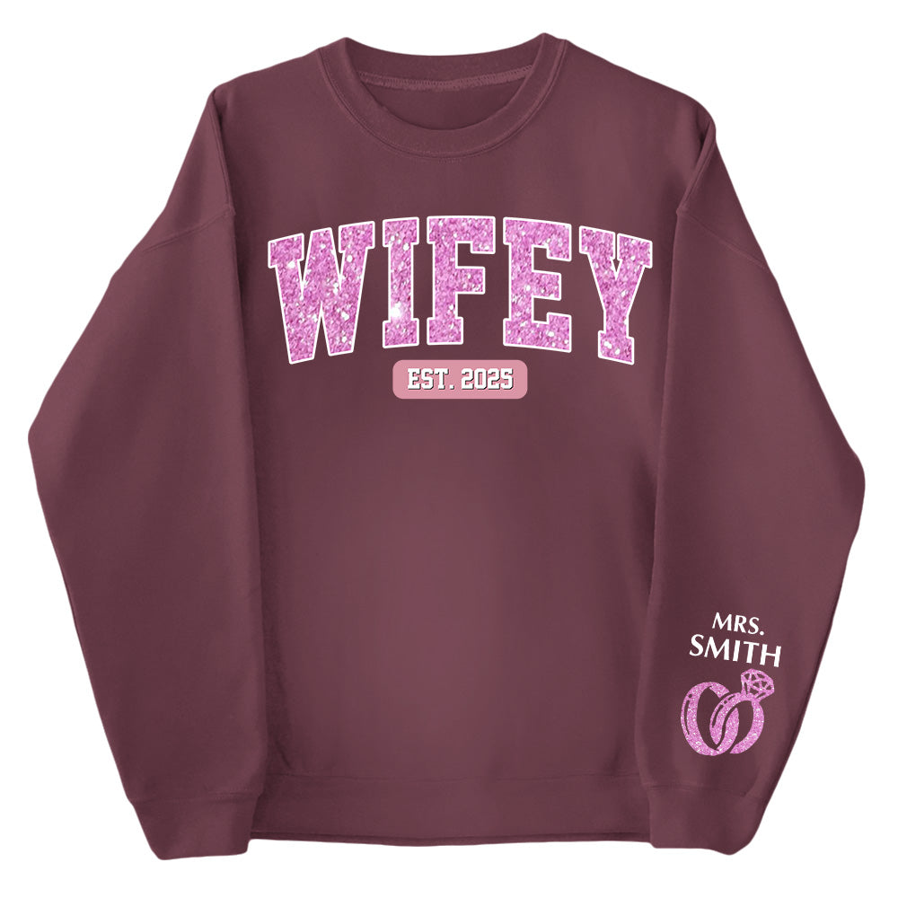 Wifey Est - Couple Personalized Custom Unisex Sweatshirt With Design On Sleeve - Gift For Husband Wife, Anniversary Pt99