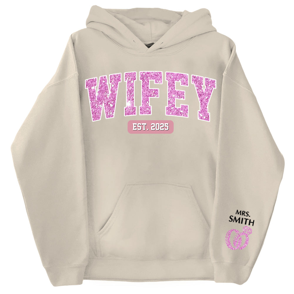 Wifey Est - Couple Personalized Custom Unisex Sweatshirt With Design On Sleeve - Gift For Husband Wife, Anniversary Pt99