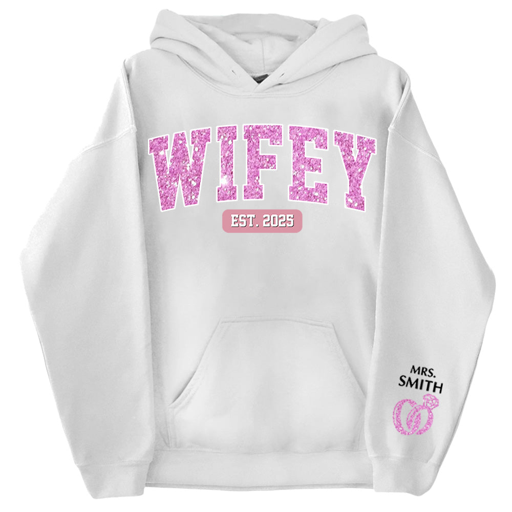 Wifey Est - Couple Personalized Custom Unisex Sweatshirt With Design On Sleeve - Gift For Husband Wife, Anniversary Pt99