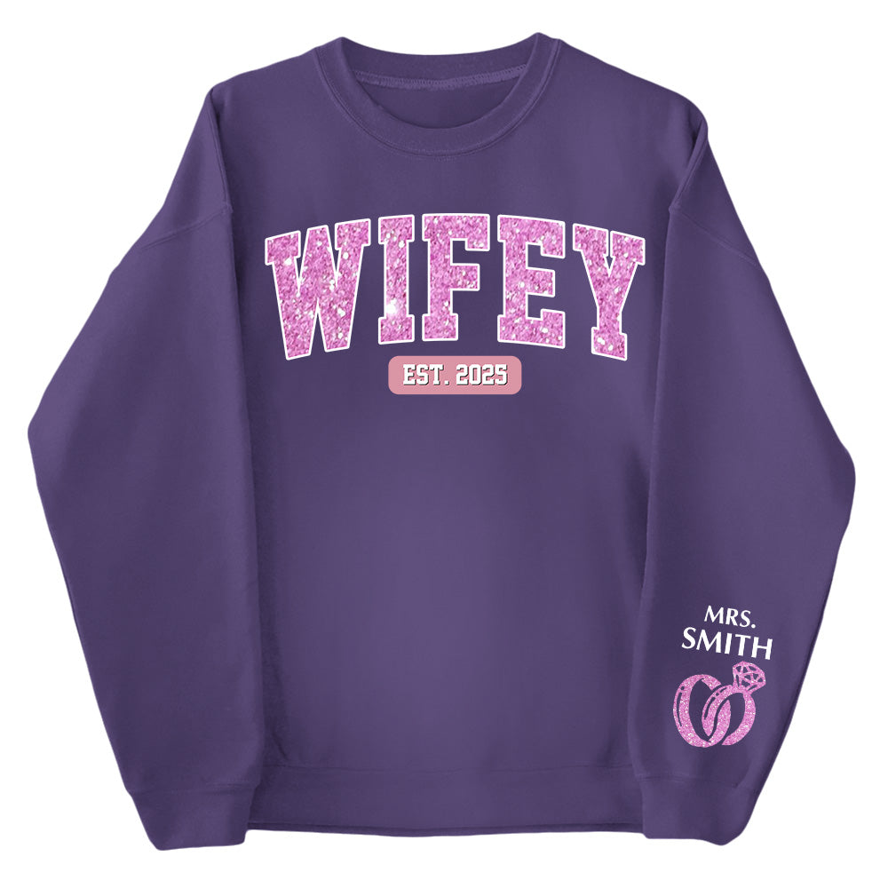 Wifey Est - Couple Personalized Custom Unisex Sweatshirt With Design On Sleeve - Gift For Husband Wife, Anniversary Pt99