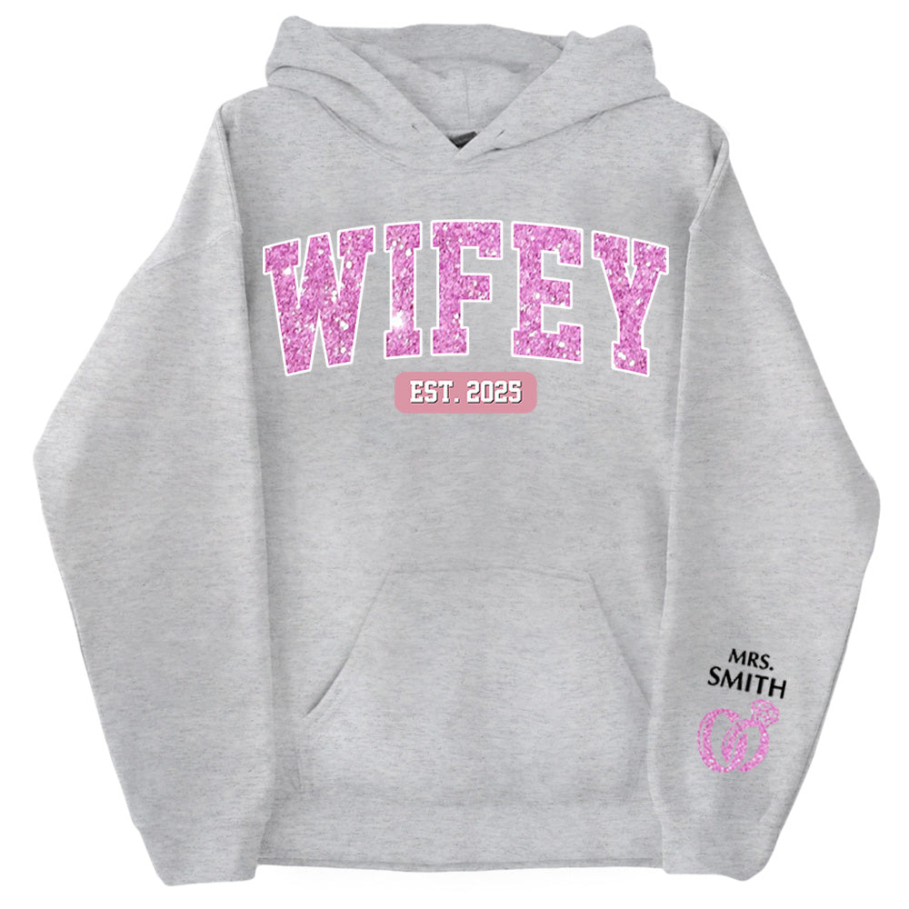 Wifey Est - Couple Personalized Custom Unisex Sweatshirt With Design On Sleeve - Gift For Husband Wife, Anniversary Pt99