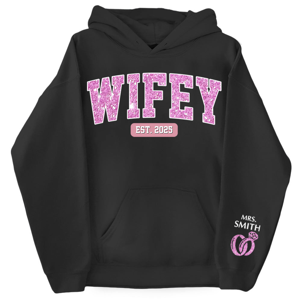 Wifey Est - Couple Personalized Custom Unisex Sweatshirt With Design On Sleeve - Gift For Husband Wife, Anniversary Pt99