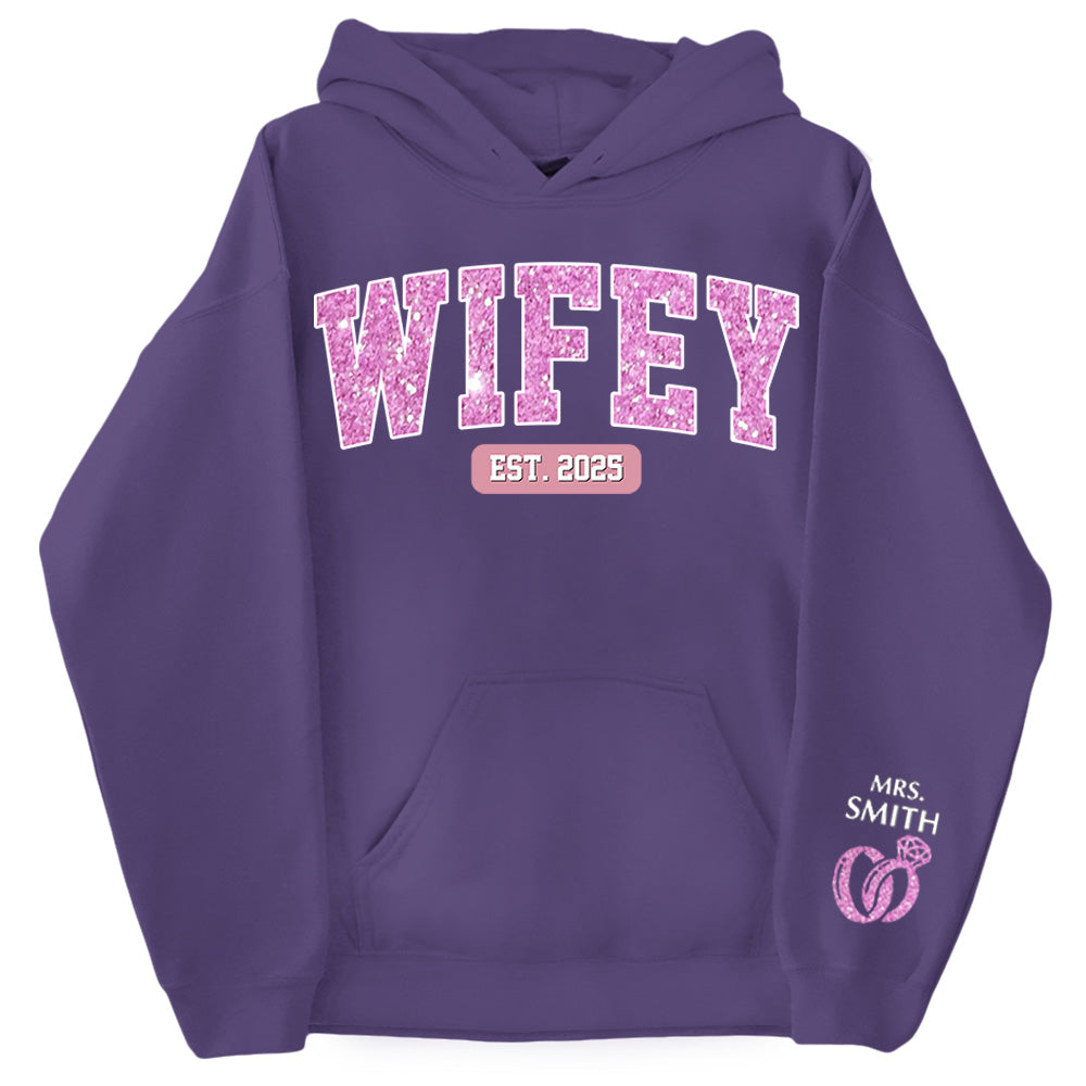 Wifey Est - Couple Personalized Custom Unisex Sweatshirt With Design On Sleeve - Gift For Husband Wife, Anniversary Pt99