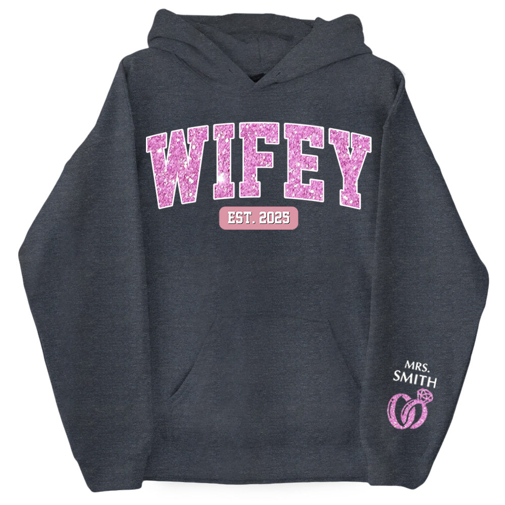 Wifey Est - Couple Personalized Custom Unisex Sweatshirt With Design On Sleeve - Gift For Husband Wife, Anniversary Pt99