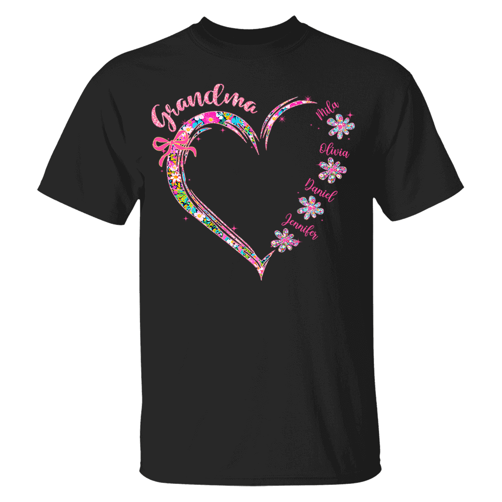 Grandma Heart Glitter Shirt - Custom Flower Shirt For Nana Mimi Gigi - Personalized Kid Names NA04 Pa00