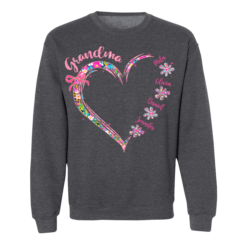 Grandma Heart Glitter Shirt - Custom Flower Shirt For Nana Mimi Gigi - Personalized Kid Names NA04 Pa00