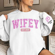 Wifey Est - Couple Personalized Custom Unisex Sweatshirt With Design On Sleeve - Gift For Husband Wife, Anniversary Pt99