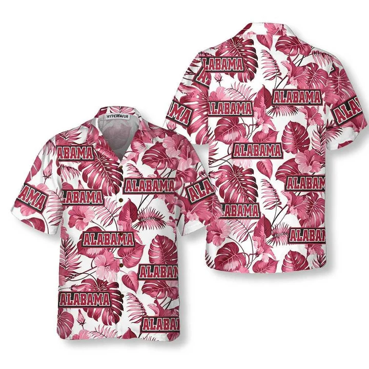 Alabama USA Pink Tropical Leaf Pattern Hawaiian Shirt