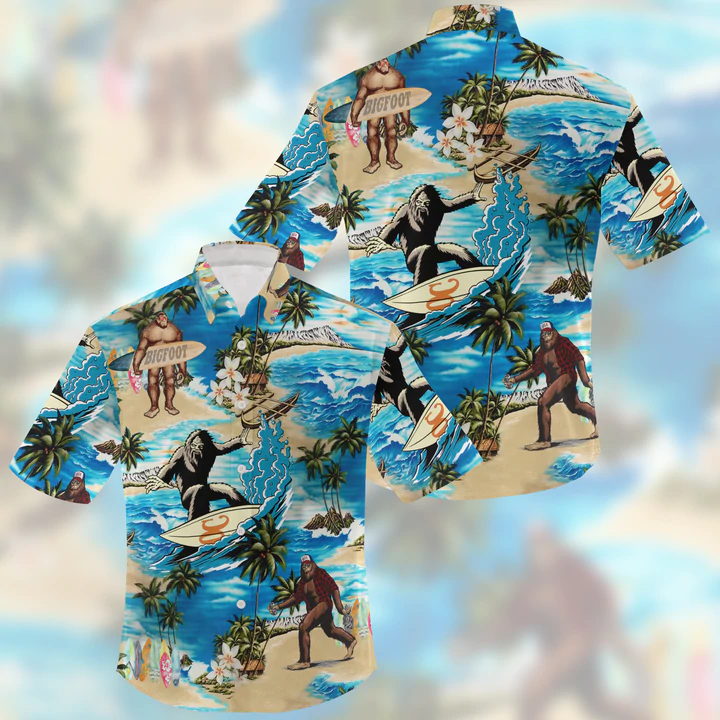 Summer 3D Bigfoot Hawaii Shirt, Hawaiian Shirts for Men Short Sleeve Aloha Beach Shirt