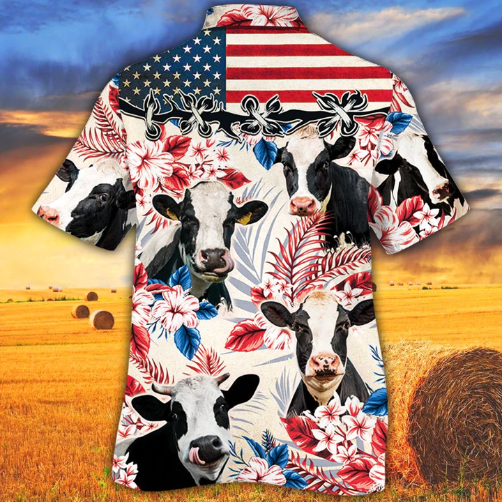 Holstein Friesian Cattle Lovers American Flag Hawaiian Shirt - Cow Hawaiian Shirt - Hawaiian Shirt Gift For Men and Women