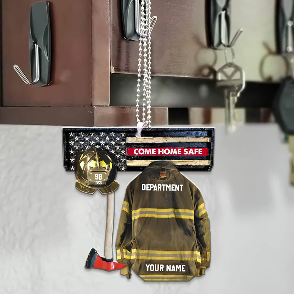 Come Home Safe Car Ornament, Firefighter Armor Custom Cut Shaped Acrylic Ornament Two Sides Print, Made By Acrylic And The 2 Sides Are The Same