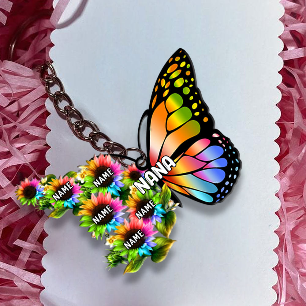 Grandma Colorful Butterfly With Sunflower Flat Acrylic Personalized Keychain For Grandma, 2 Sides Are The Same