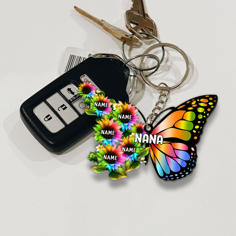 Grandma Colorful Butterfly With Sunflower Flat Acrylic Personalized Keychain For Grandma, 2 Sides Are The Same