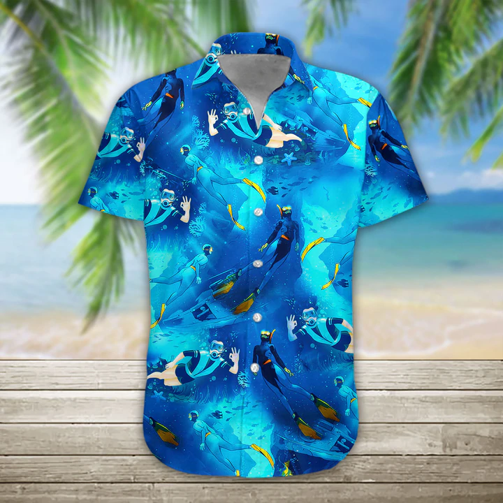 3D Freediving Hawaii Shirt, Hawaiian Shirts for Men Print Button Down Shirt
