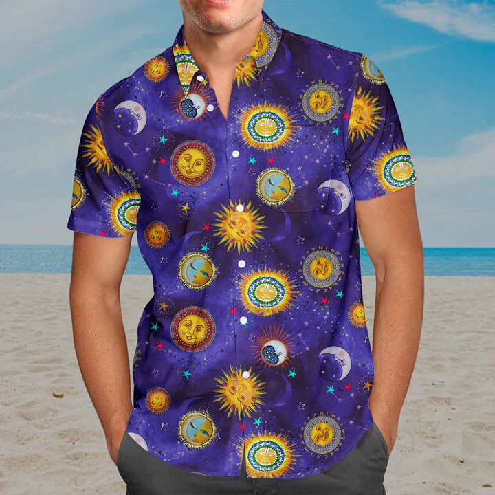 3D Sun And Moon Hippie Hawaii Shirt, Hawaiian Shirts for Men Print Button Down Shirt