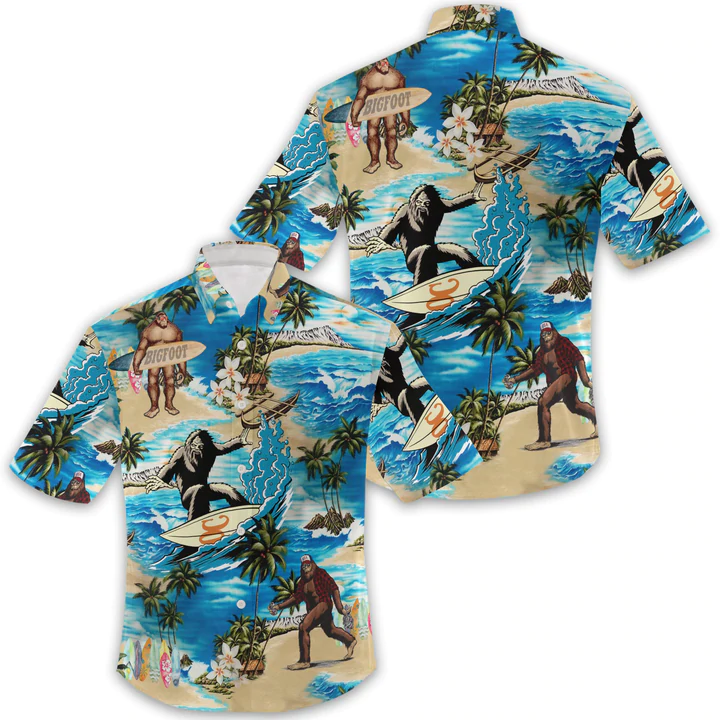 Summer 3D Bigfoot Hawaii Shirt, Hawaiian Shirts for Men Short Sleeve Aloha Beach Shirt