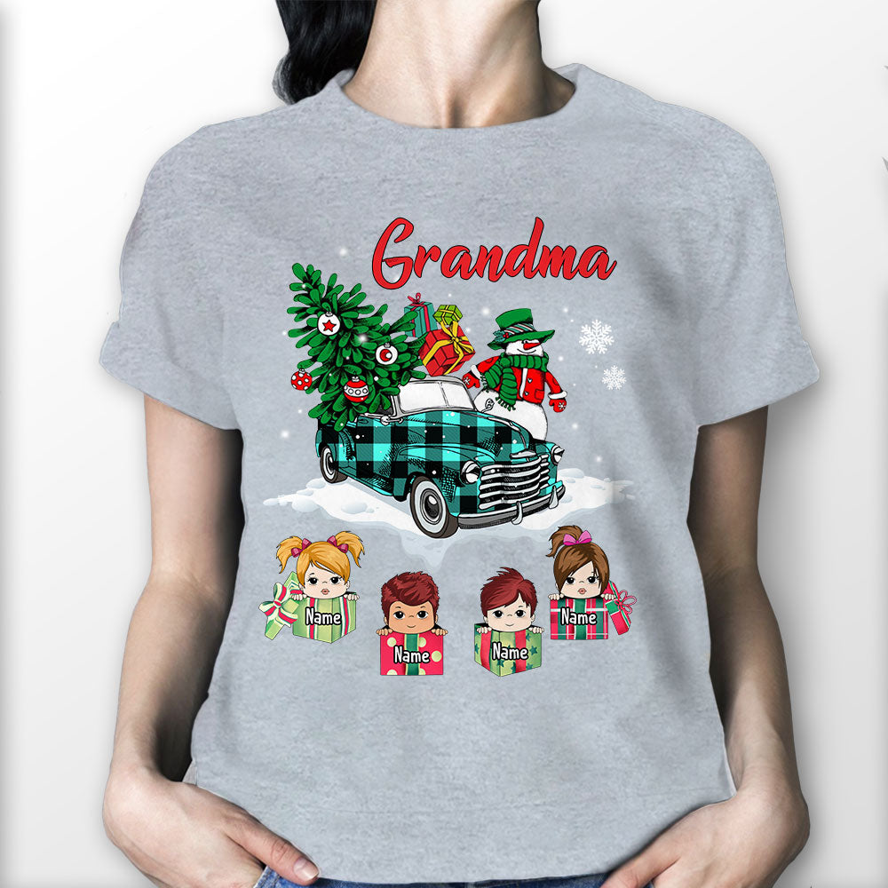 Personalized Grandma Snowman With Truck Shirt, Grandma Nana Christmas Shirt, Custom Grandma With Grandkids Name Shirt