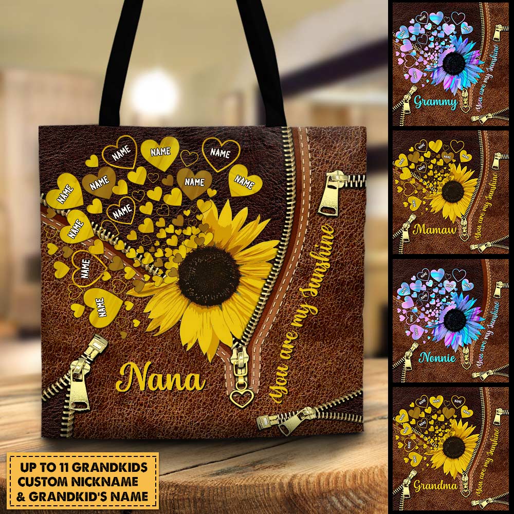 You're My Sunshine, Grandkids Sunflower Printed Leather Pattern Personalized Tote Bag For Grandma