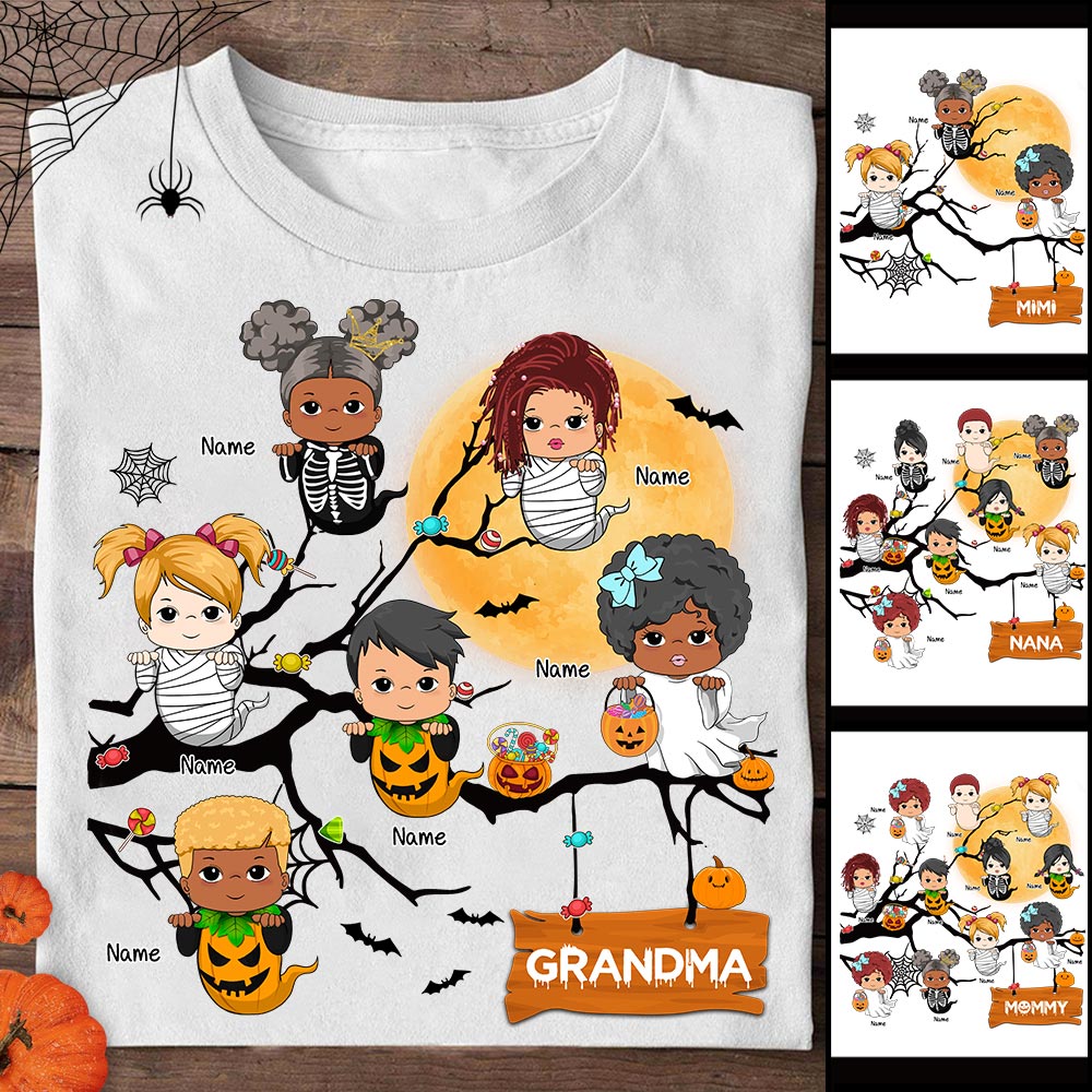Nana With Little Ghosts Halloween Tree Personalized Shirt For Grandma