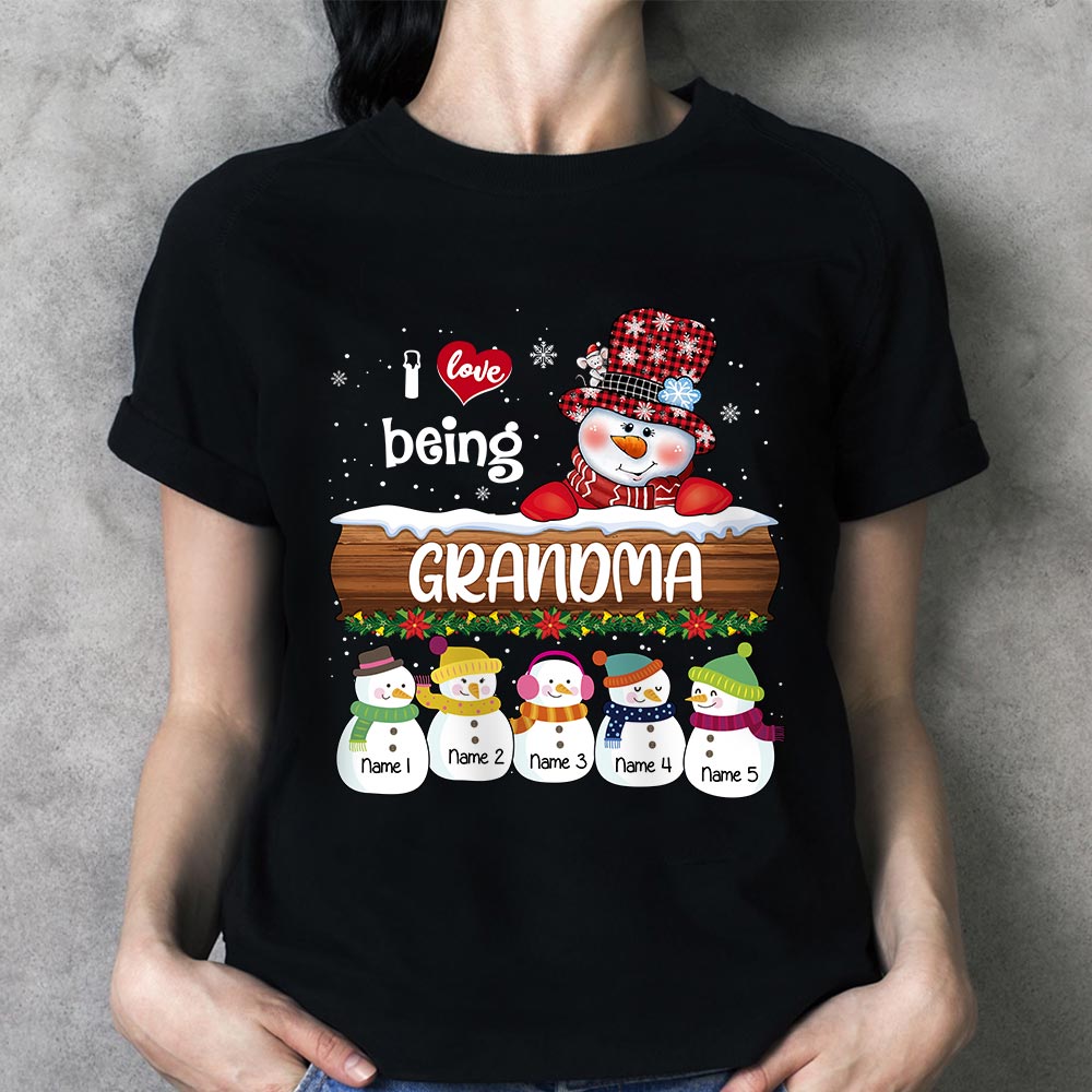 I Love Being Grandma Snowman With Her Snowmies Christmas Personalized Shirt For Grandma