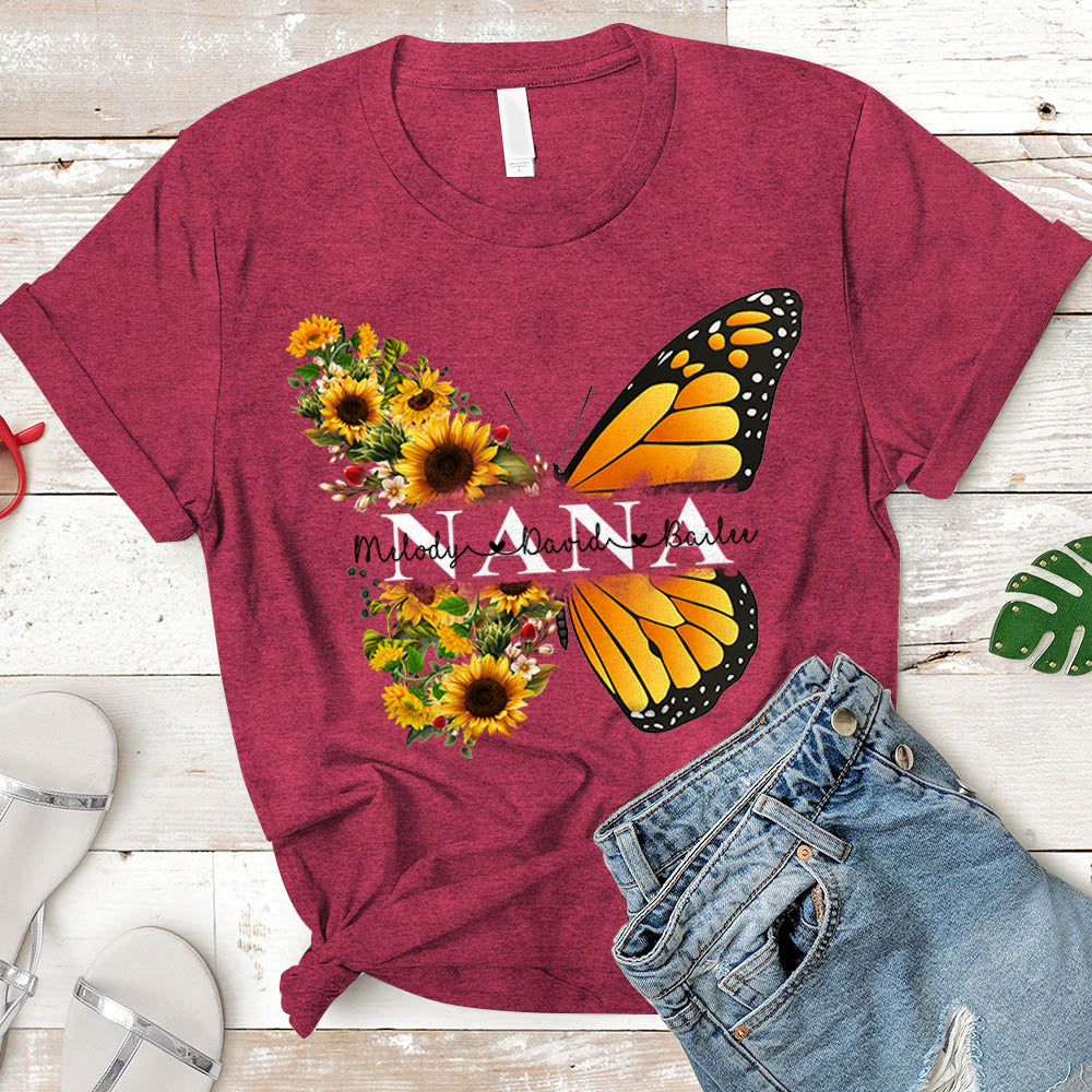 Personalized Nickname & Grandkid's Names Shirt Butterfly Sunflower | T-Shirt Vr2