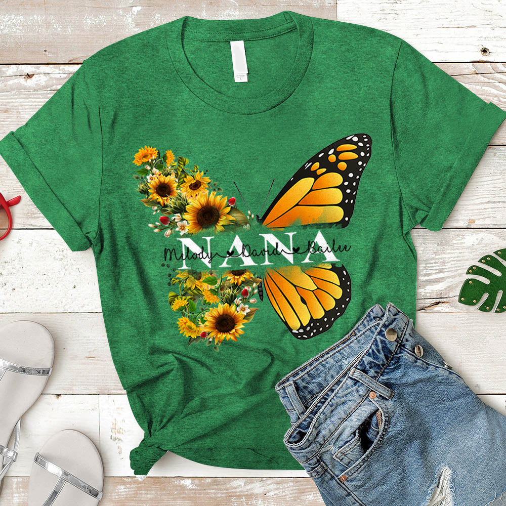 Personalized Nickname & Grandkid's Names Shirt Butterfly Sunflower | T-Shirt Vr2