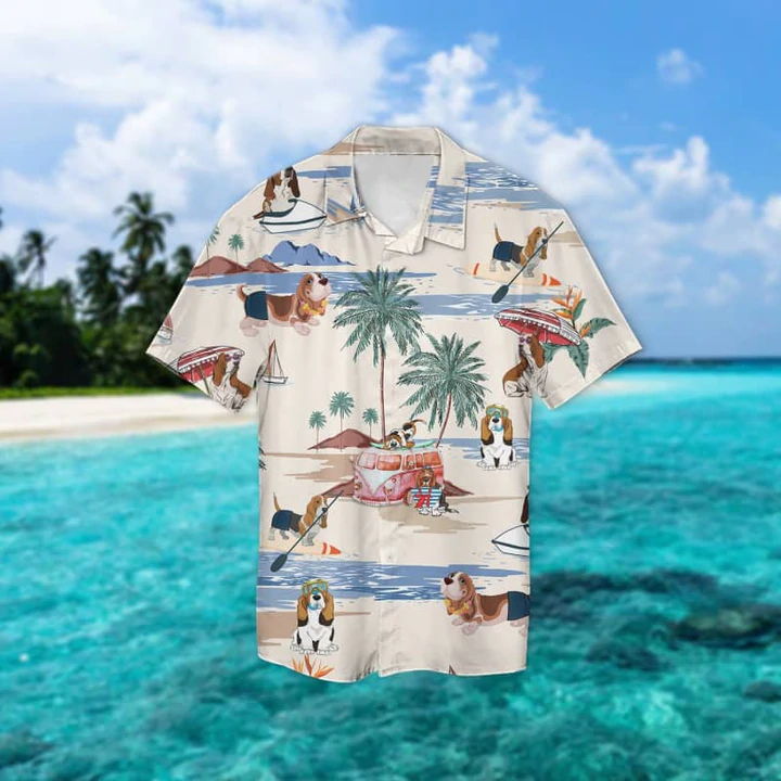 Basset Hound Summer Beach Hawaiian Shirt, Hawaiian Shirts for Men Short Sleeve Aloha Beach Shirt