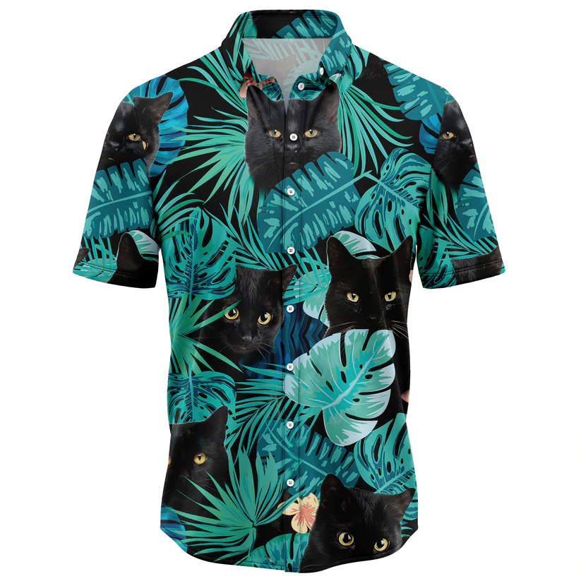 Black Cat Tropical Hawaiian Shirt, Summer Hawaiian Shirts for Men, women Aloha Beach Shirt