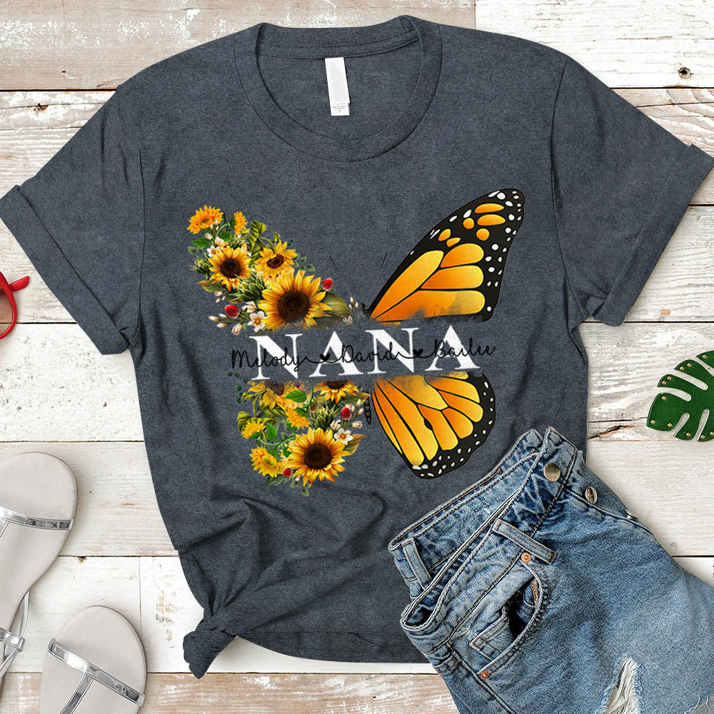 Personalized Nickname & Grandkid's Names Shirt Butterfly Sunflower | T-Shirt Vr2