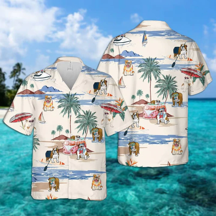 English Bulldog Summer Beach Hawaiian Shirt, Hawaiian Shirts for Men Short Sleeve Aloha Beach Shirt
