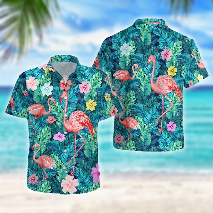Flamingo - Green Tropical Hawaiian Shirt, Summer gift, Hawaiian Shirts for Men, Aloha Beach Shirt