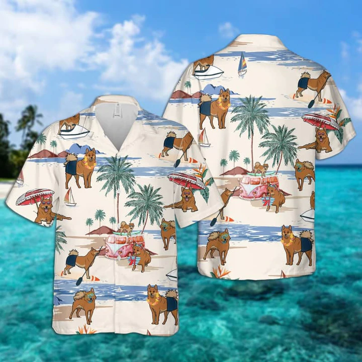 Finnish Spitz Summer Beach Hawaiian Shirt, Hawaiian Shirts for Men Short Sleeve Aloha Beach Shirt