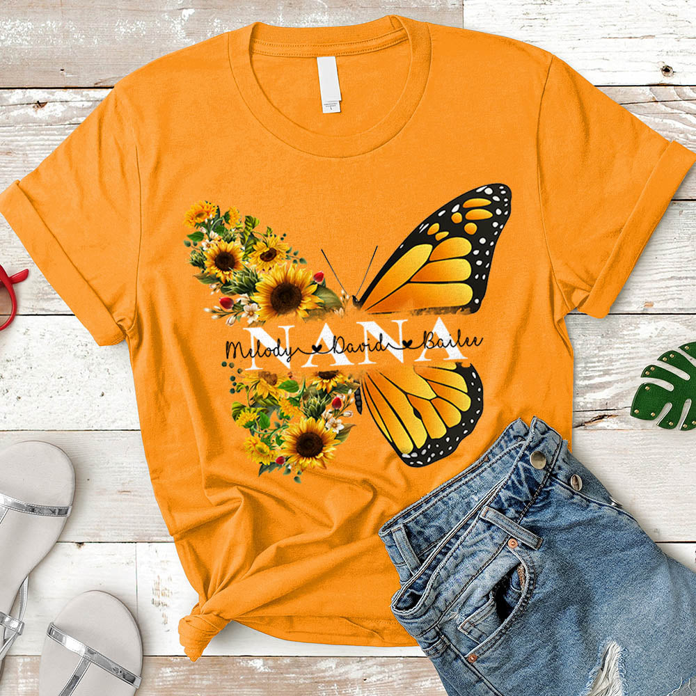 Personalized Nickname & Grandkid's Names Shirt Butterfly Sunflower | T-Shirt Vr2