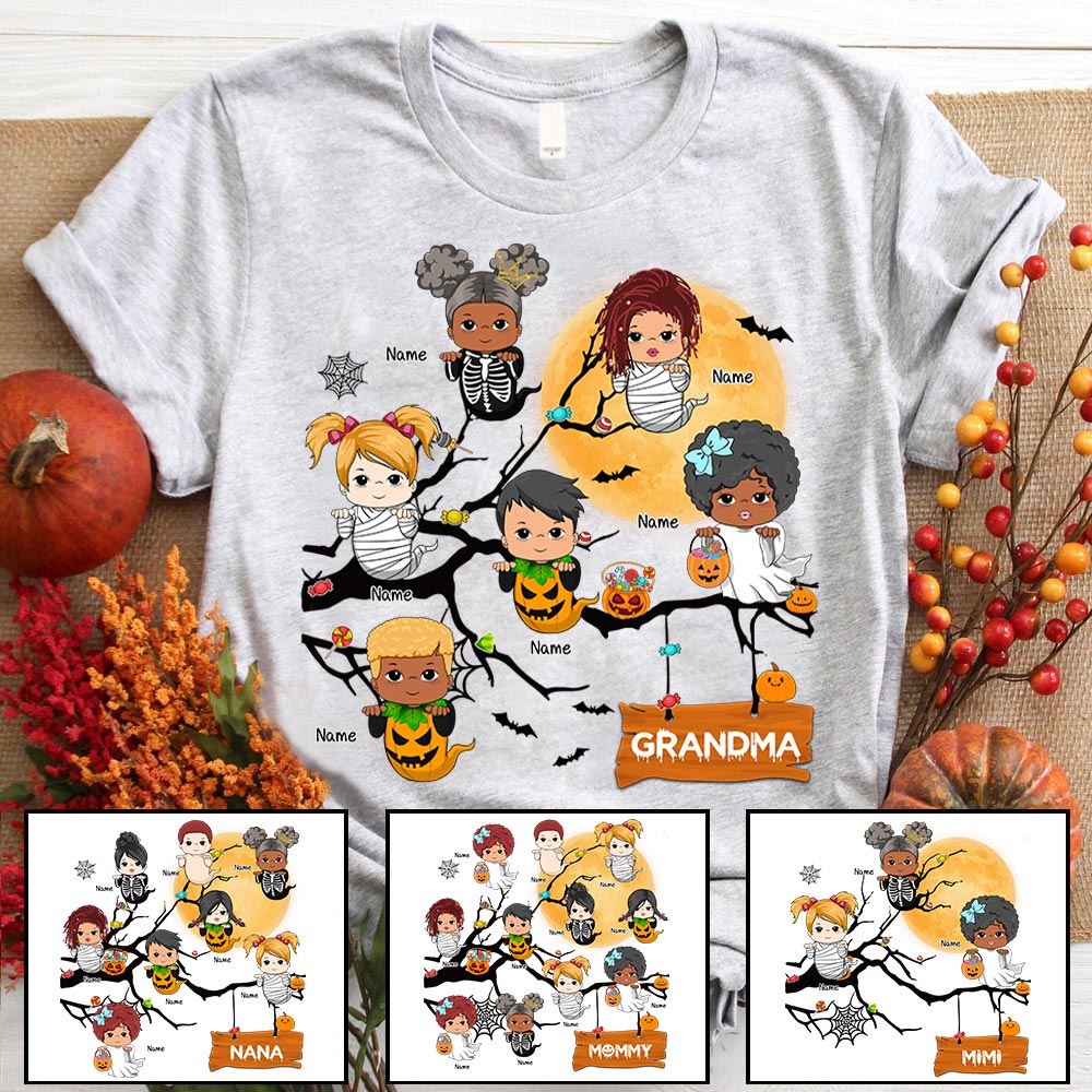 Nana With Little Ghosts Halloween Tree Personalized Shirt For Grandma