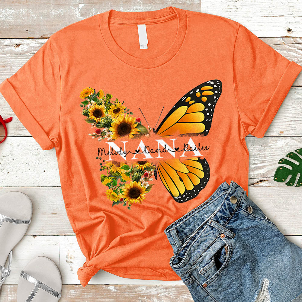 Personalized Nickname & Grandkid's Names Shirt Butterfly Sunflower | T-Shirt Vr2