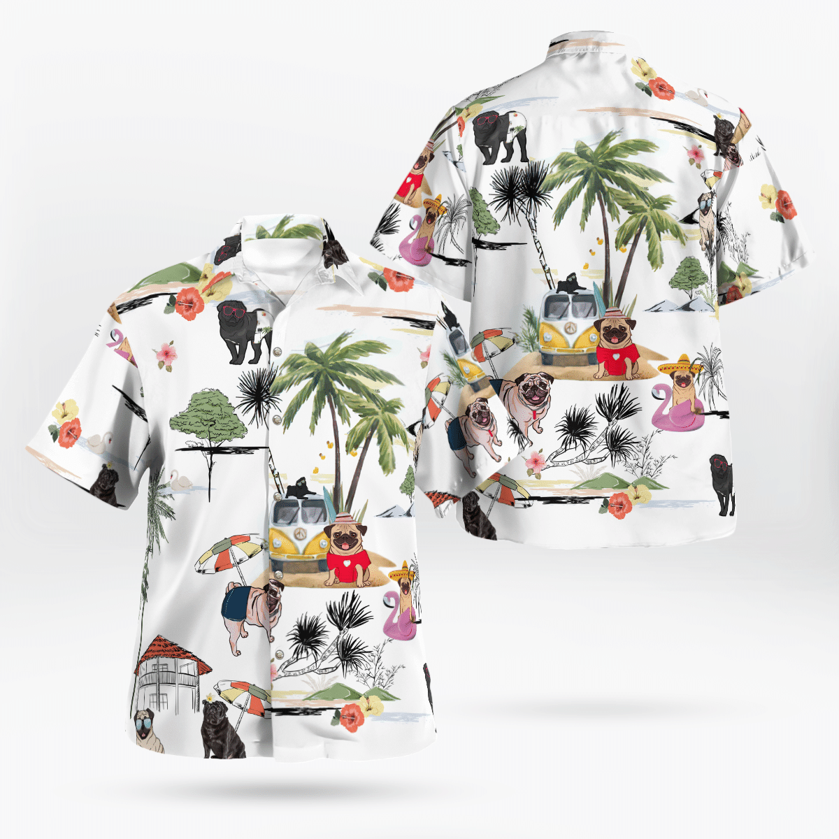 Pug On The Beach Unisex Hawaiian Shirt, Summer gift, Hawaiian Shirts for Men, Aloha Beach Shirt