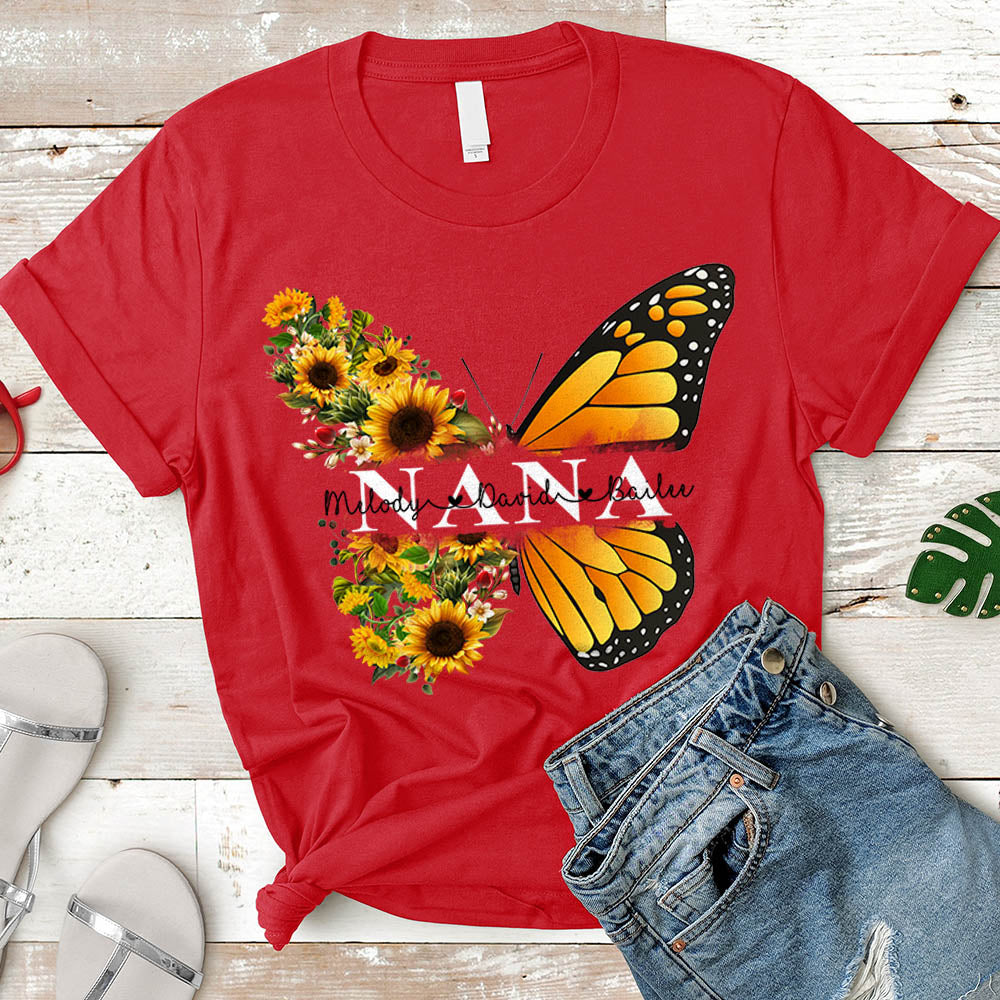 Personalized Nickname & Grandkid's Names Shirt Butterfly Sunflower | T-Shirt Vr2