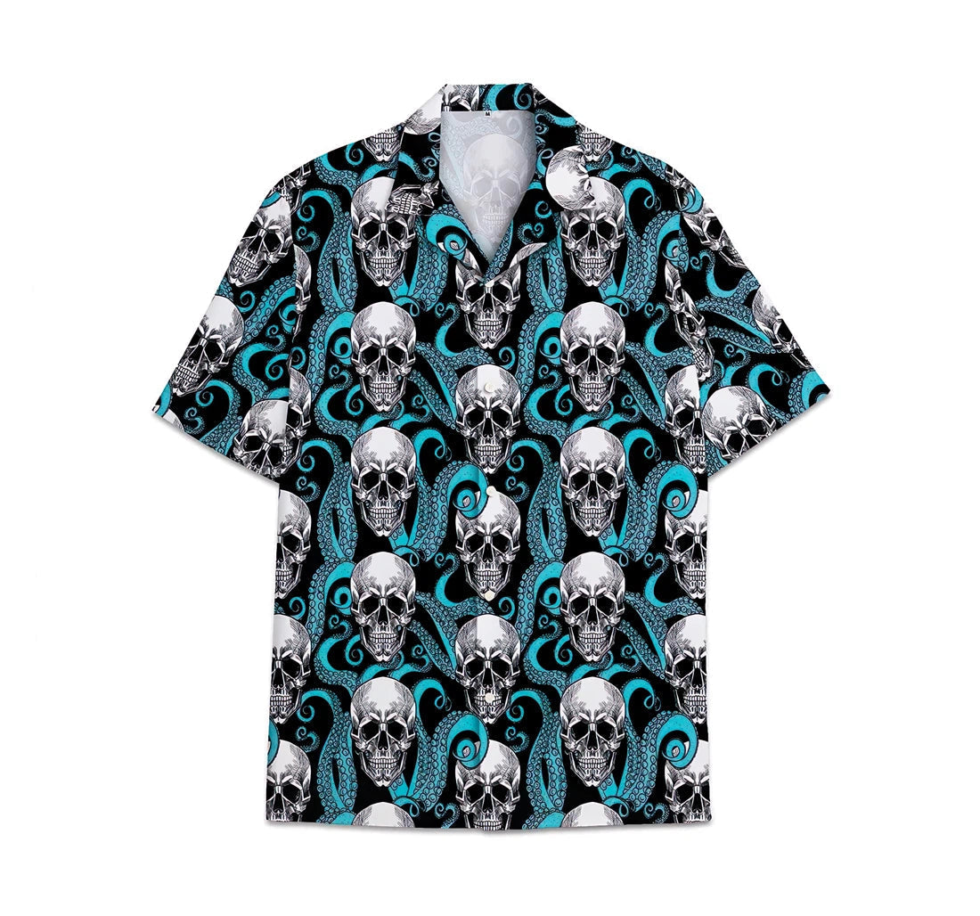 Skull Blue Pattern Short Tall Womensmall Hawaiian Shirt, Button Up Aloha Shirt For Men, Women