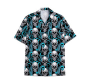 Skull Blue Pattern Short Tall Womensmall Hawaiian Shirt, Button Up Aloha Shirt For Men, Women