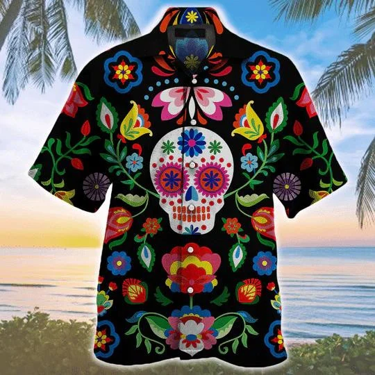 Sugar Skull Pattern Colorful Elements Hawaiian Shirt